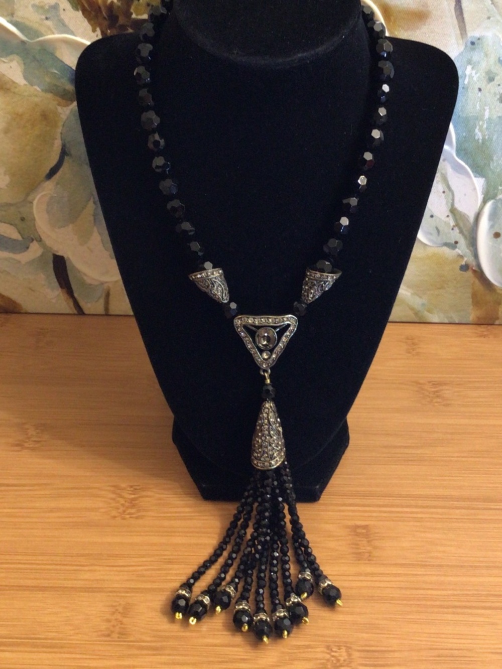 LA VINTAGE Faceted Black Jet Beads Fringe Tassel Pendant Art Deco Revival Style